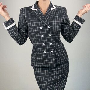 Vintage Black White Windowpane Check Skirt Suit | 80s 90s Power Blazer, Size 4